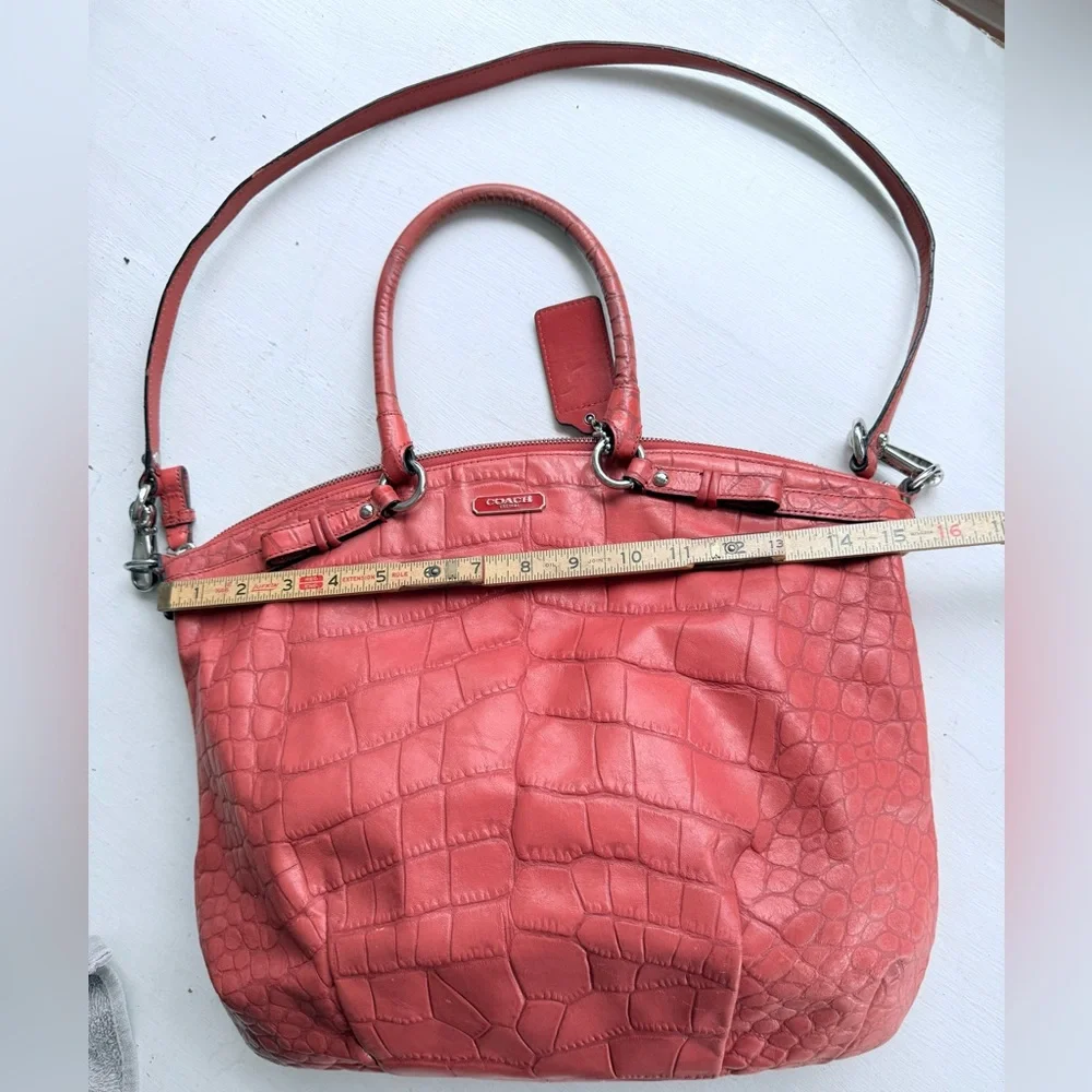 COACH Madison Crocodile Embossed Lindsey Satchel Coral Leather